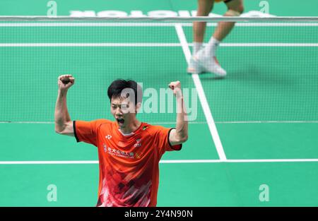 Changzhou, chinesische Provinz Jiangsu. September 2024. LEI Lanxi aus China feiert nach dem Achtelfinale der Männer gegen Nishimoto Kenta aus Japan beim Badminton-Turnier der China Open 2024 in Changzhou, ostchinesischer Provinz Jiangsu, 19. September 2024. Quelle: Yang Lei/Xinhua/Alamy Live News Stockfoto