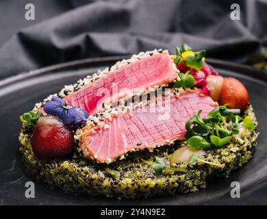 Seltene Ahi-Thunfisch-Steak-Scheiben mit frischen Kräutern Stockfoto