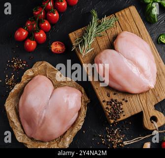 Rohe Hähnchenfilets auf hölzernem Schneidebrett, Draufsicht Stockfoto
