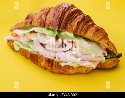 Croissant Sandwich Schinken auf gelbem Hintergrund Stockfoto