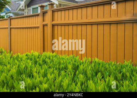 Großer neuer Holzzaun um das Haus und die Bäume. Harter Holzzaun mit grünen Bäumen und Weg. Zäune und Tore. Hochwertiger Zaun. Straßenfoto. Stockfoto