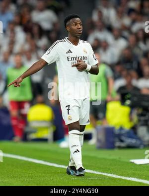 Madrid, Spanien. September 2024. Vinicius Junior von Real Madrid CF spielte am 17. September 2024 im Santiago Bernabeu Stadion während des UEFA Champions League-Spiels zwischen Real Madrid und VfB Stuttgart. (Foto von Juan Perez/PRESSINPHOTO) Credit: PRESSINPHOTO SPORTS AGENCY/Alamy Live News Stockfoto