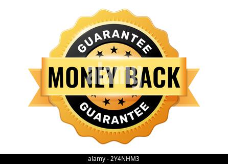 Goldenes Abzeichen mit Banner, Website-Vertrauensschild oder -Siegel, Rückerstattungsgarantie-Emblem oder -Stempel, Vektor Stock Vektor