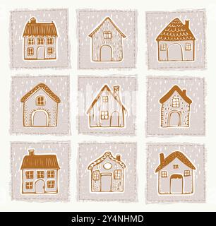 Skurrile verschneite Hüttentür mit festlichem Weihnachtsmotiv im dezember. Winterurlaub in sozialen Medien. Niedlich, handgezeichnet festlich Stock Vektor