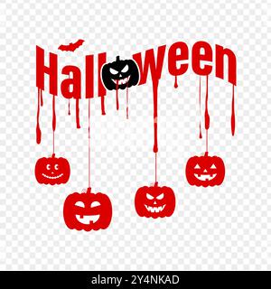 Vektor-Illustration der Halloween-Typographie mit roten Kürbissen und tropfenden Bluttropfen auf transparentem Hintergrund Stock Vektor