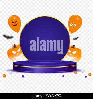 Vektor-Illustration des lila Podiums mit Halloween-Elementen Komposition auf transparentem Hintergrund Stock Vektor