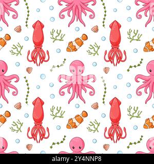 Nahtloses Unterwassermuster im Cartoon-Stil. Unterwassertiere Tintenfische, Tintenfische, Clownfische, Muscheln und Algen. Vektorabbildung auf weiß Stock Vektor
