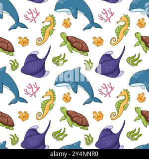 Nahtloses Muster mit Unterwassertieren im Cartoon-Stil. Unterwasserwelt Hintergrund mit Seepferd, Delfin, Schildkröte, Stachelrochen, Muschel und Algen. Stock Vektor