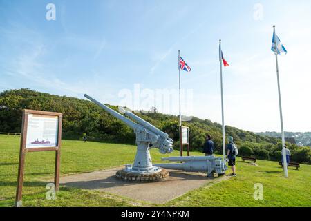 Zweiten Weltkrieg Denkmal mit 100-mm-Kanonen aus dem französischen Panzerdivision Frachtboot P21 Le Cerons in Veules-Les-Roses, Normandie, Frankreich Stockfoto