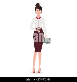 Vektor-Illustration einer jungen Geschäftsfrau, die Kaffee und ein Tablet hält, perfekt für professionelle Themen. Stock Vektor