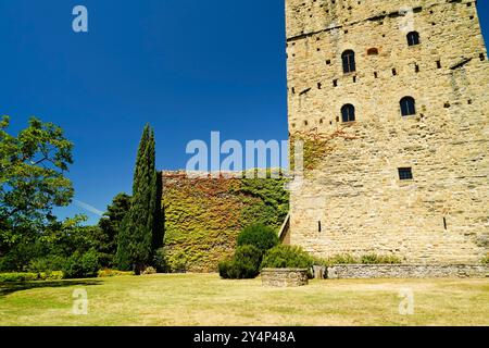 Ein Turm, der aus den Hügeln von Casentino hervorgeht, eine Burg, die den Charme der Zeit bewahrt, Casentino ist ein Gebiet, das sich Definitionen entzieht und aus s besteht Stockfoto