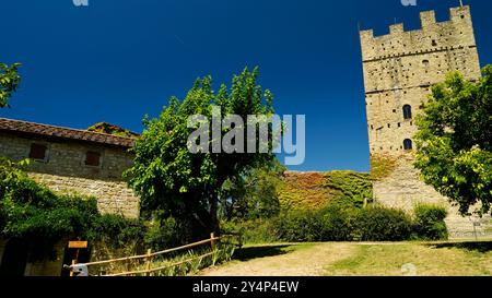 Ein Turm, der aus den Hügeln von Casentino hervorgeht, eine Burg, die den Charme der Zeit bewahrt, Casentino ist ein Gebiet, das sich Definitionen entzieht und aus s besteht Stockfoto