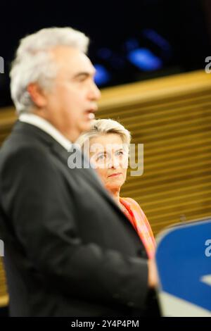 Brüssel, Belgien September 2024. Nicolas Landemard/Le Pictorium - Pressekonferenz mit Ursula von der Leyen und Fatih BIROL - 19/09/2024 - Belgien/Brüssel - heute haben die Präsidentin der Europäischen Kommission, Ursula von der Leyen, und Fatih BIROL Exekutivdirektor der Internationalen Energieagentur. Pressekonferenz zur Präsentation des europäischen Plans zur Unterstützung der Energiesicherheit in der Ukraine vor dem Winter 2024. Quelle: LE PICTORIUM/Alamy Live News Stockfoto