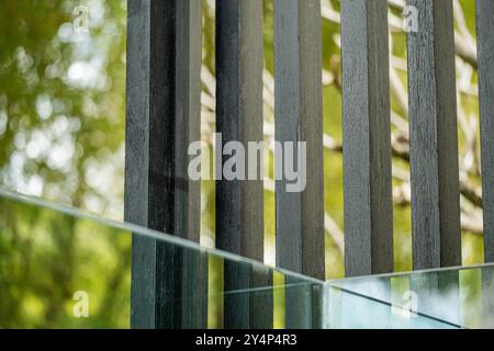 Eine Nahansicht vertikaler schwarzer Metallbalken mit grünen Blättern im Hintergrund, die einen Kontrast zwischen den strukturierten Linien und den natürlichen Linien erzeugen Stockfoto