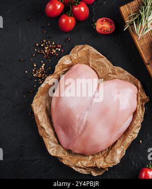 Rohe Hähnchenfilets auf hölzernem Schneidebrett, Draufsicht Stockfoto
