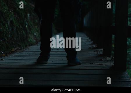 Silhouette eines Mannes, der allein auf einem schwach beleuchteten Holzweg läuft, umgeben von dunklem, unheimlichem Laub Stockfoto