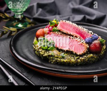 Seltene Ahi-Thunfisch-Steak-Scheiben mit frischen Kräutern Stockfoto