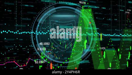 Abbildung: Vorhängeschloss mit Schild und Oszilloskop-Scan über Datenverarbeitung Stockfoto