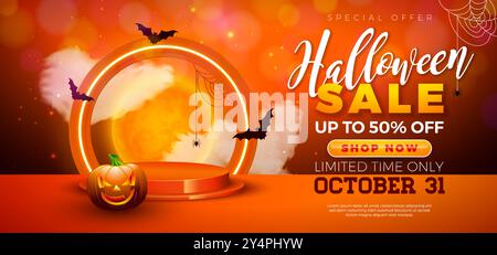 Halloween Sale Banner Illustration mit Kürbis, Podium und leuchtendem Neonlicht auf orangefarbenem Hintergrund. Vector Holiday Design-Vorlage mit Typografie Stock Vektor