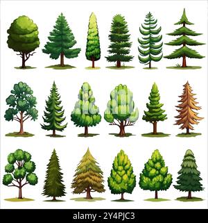 Wald immergrüner Baum Vektorsatz. Illustrationen von Nadelwäldern Stock Vektor