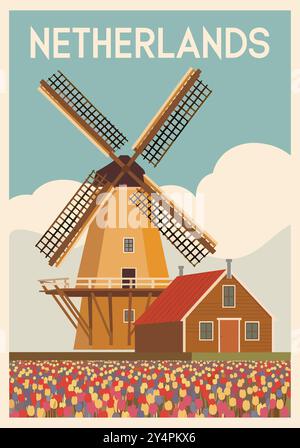 Niederlande Travel Art Poster im Retro-Stil. Stock Vektor
