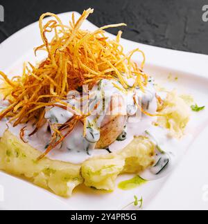 Kartoffelpüree mit Fleisch und Zwiebelchips Stockfoto