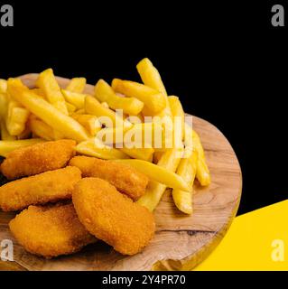 Chicken Nuggets und Pommes Frites auf Holzbrett Stockfoto