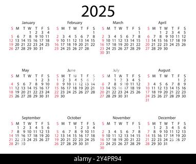 Kalenderjahr 2025. Die Woche beginnt am Sonntag. Stock Vektor