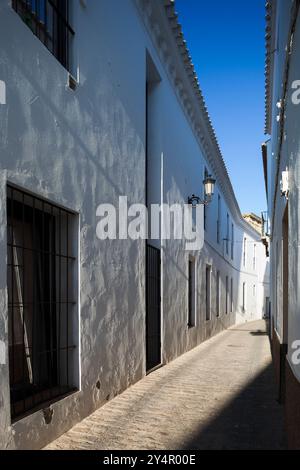 Erkunden Sie die engen, sonnendurchfluteten Straßen von Carmona, die mit wunderschönen weiß getünchten Wänden geschmückt sind, die typisch für mediterrane Architektur sind. Stockfoto