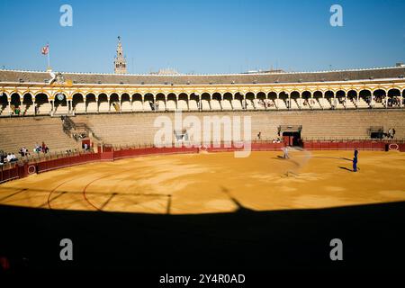 Sevilla, Spanien Aug 15 2007, die echte Maestranza Stierkampfarena in Sevilla zeigt ihre ikonische Architektur unter einem klaren blauen Himmel, während sich die Aktivität entfaltet Stockfoto