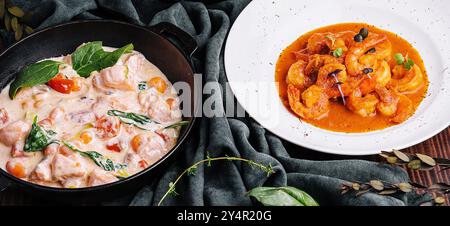 Lachs in Sahnesauce und Garnelen in Romesco-Sauce Nahaufnahme Stockfoto