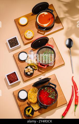 Verschiedene Suppen. Borschtsch, Hühnersuppe und Tomatensuppe Stockfoto