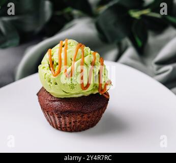 Schokoladenfondant mit Pistazieneis Stockfoto