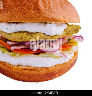 Vegetarischer Burger mit Salat, Tomate, Zwiebeln und Falafel Stockfoto