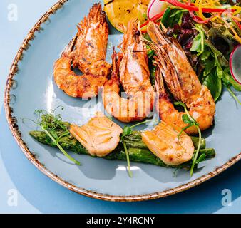 Lachssteaks und Garnelen mit gekochtem Spargel braten Stockfoto
