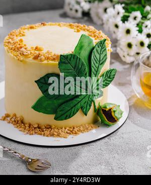 Erdnuss-Mousse-Kuchen auf weißem Teller Stockfoto