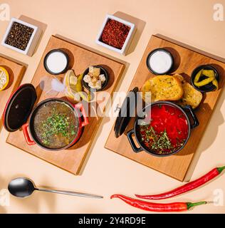 Verschiedene Suppen. Borschtsch und Hühnersuppe von oben Stockfoto