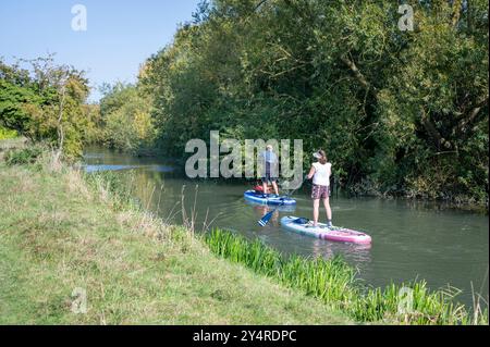 Ein Mann und eine Frau paddeln an einem sonnigen Sommertag auf der River Cam in den Grantchester Meadows Cambridge UK Stockfoto