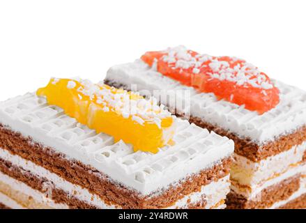 Zwei Scheiben mehrschichtiger Kakaoschwammkuchen mit Kokosflocken Stockfoto