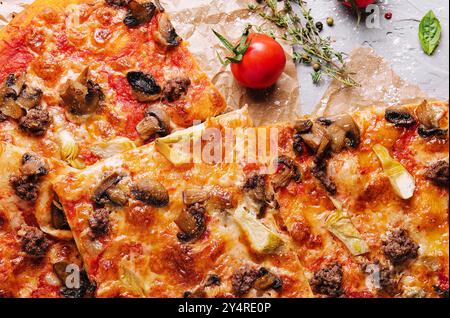 Pizza mit Hackfleisch, Artischocken und Pilzen Stockfoto