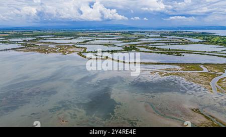 GRADO, ITALIEN – 2. JUNI 2024: Laguna di Marano, eine ruhige Lagune, die für ihre reiche Artenvielfalt und malerische Landschaften bekannt ist und einen friedlichen naturpark bietet Stockfoto