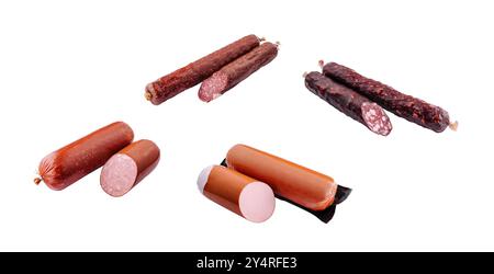 Verschiedene Arten Würstchen isoliert auf weißem Hintergrund Stockfoto