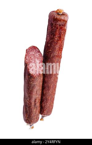 Italienische Salamiwurst isoliert auf weißem Hintergrund Stockfoto