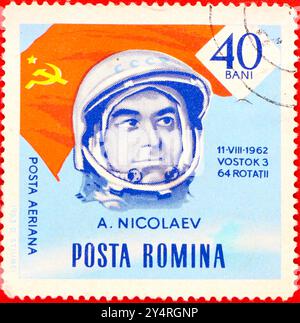 Foto einer rumänischen bani-Briefmarke von 40 mit Vostok 3 Kosmonaut Andrijan Nikolajev, ausgestellt 1964 aus der Astronauten- und Kosmonauten-Serie Stockfoto