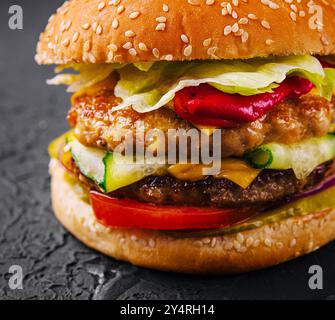 burger mit zwei Schnitzeln und frischem Gemüse Stockfoto