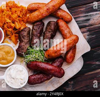 Bierset mit gegrillten Würstchen mit gedünstetem Kohl und Saucen Stockfoto