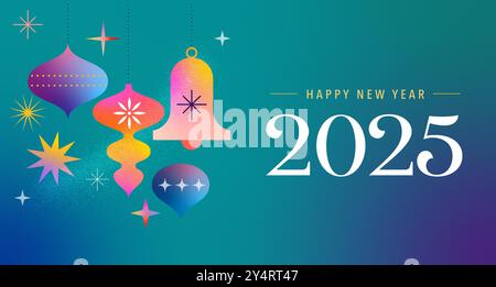 Happy New Year 2025, Neujahrshintergrund, Banner, Posterdesign. Moderne lebendige Illustration, Konzeptdesign mit Weihnachtsdekoration Stock Vektor