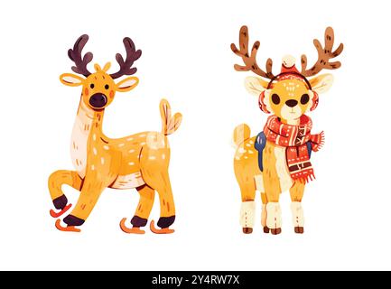 Niedliche Weihnachts-Rentier-Zeichentrickfiguren in warmem Schal, in Girlande gehüllt, in einem dreiteiligen isolierten Set. Lustige Hirschhelfer des Weihnachtsmanns Stock Vektor