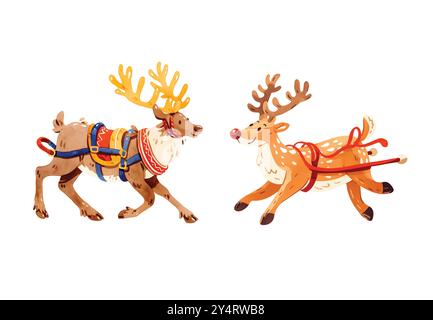 Niedliche Weihnachts-Rentier-Zeichentrickfiguren in warmem Schal, in Girlande gehüllt, in einem dreiteiligen isolierten Set. Lustige Hirschhelfer des Weihnachtsmanns Stock Vektor