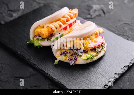 Leckere Chicken bao Brötchen serviert auf einem Schieferteller, perfekt für moderne asiatische Gerichte Stockfoto